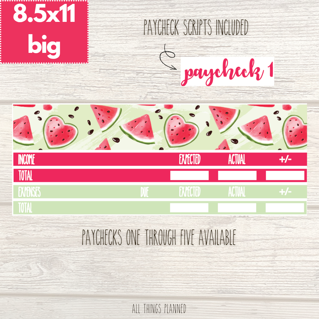 8.5x11 | Big | July (Watermelon) Paychecks