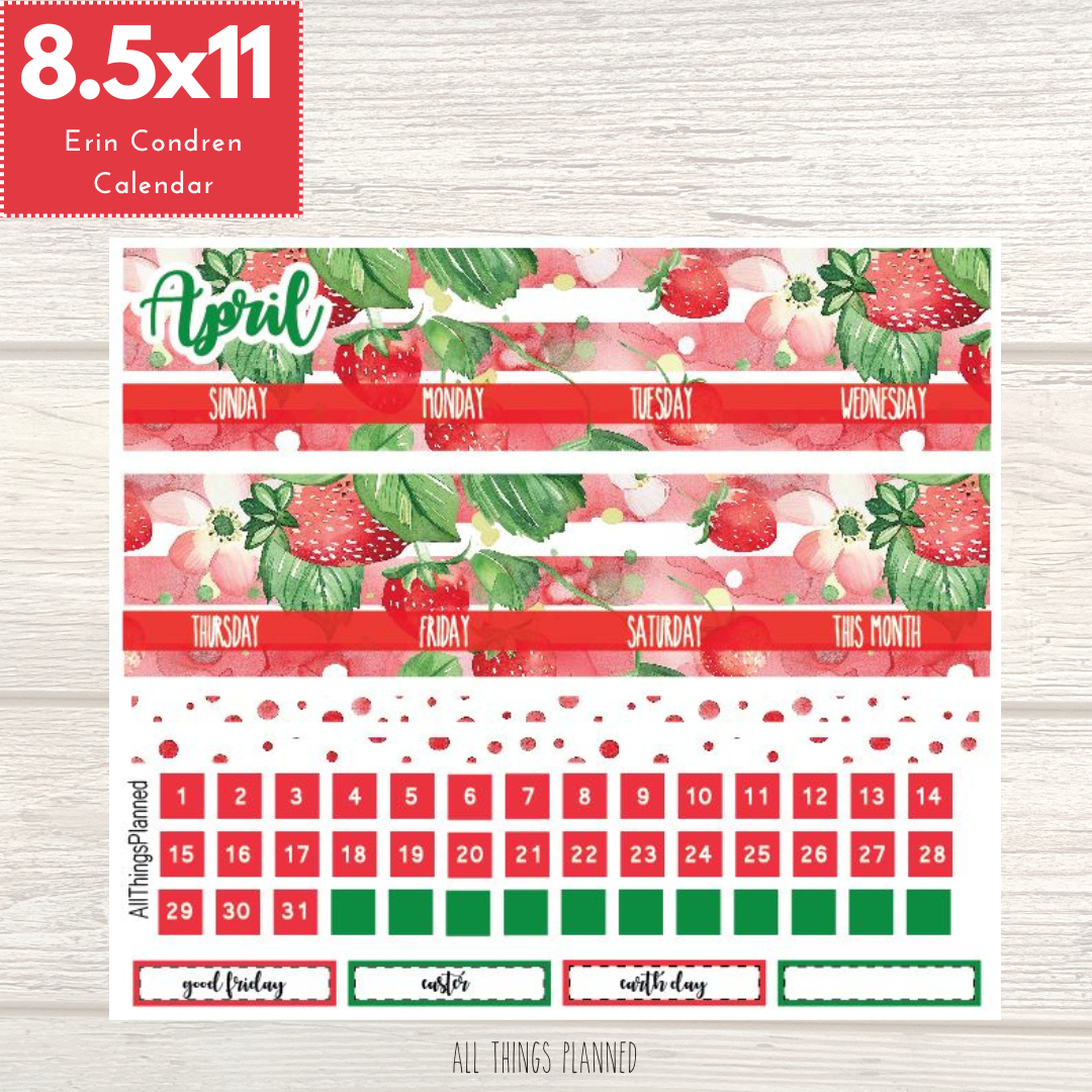 8.5x11 April (Strawberry Garden) Monthly Calendar