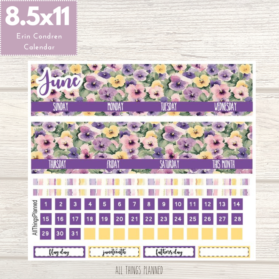 8.5x11 June (Summer Florals) Monthly Calendar