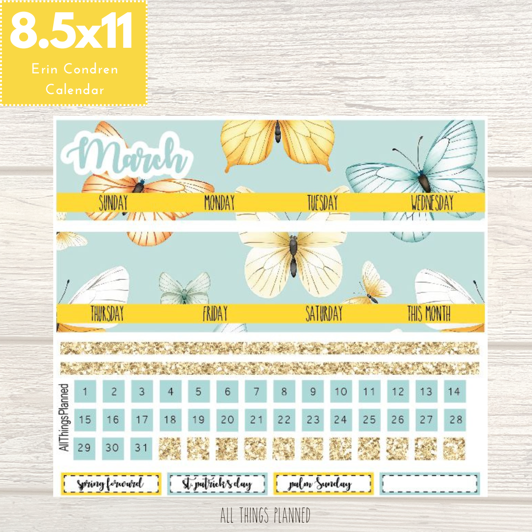 8.5x11 Mar. (Butterflies) Monthly Calendar