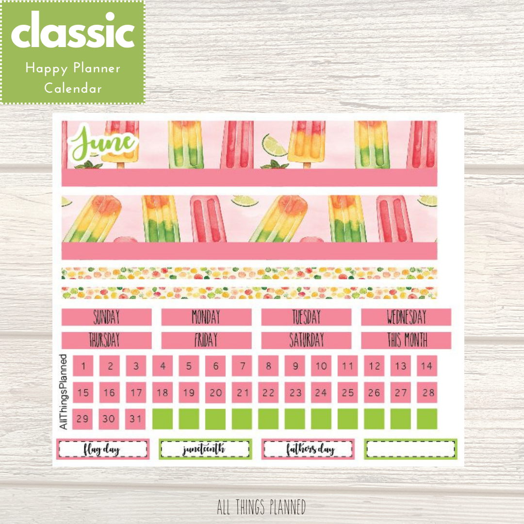 Classic June (Popsicles) Monthly Calendar