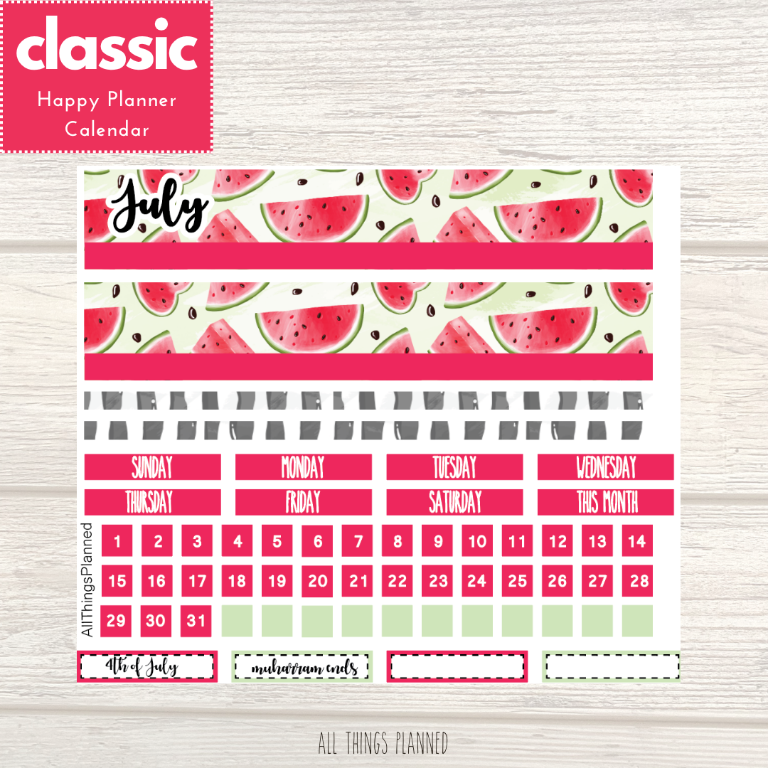 Classic July (Watermelon) Monthly Calendar