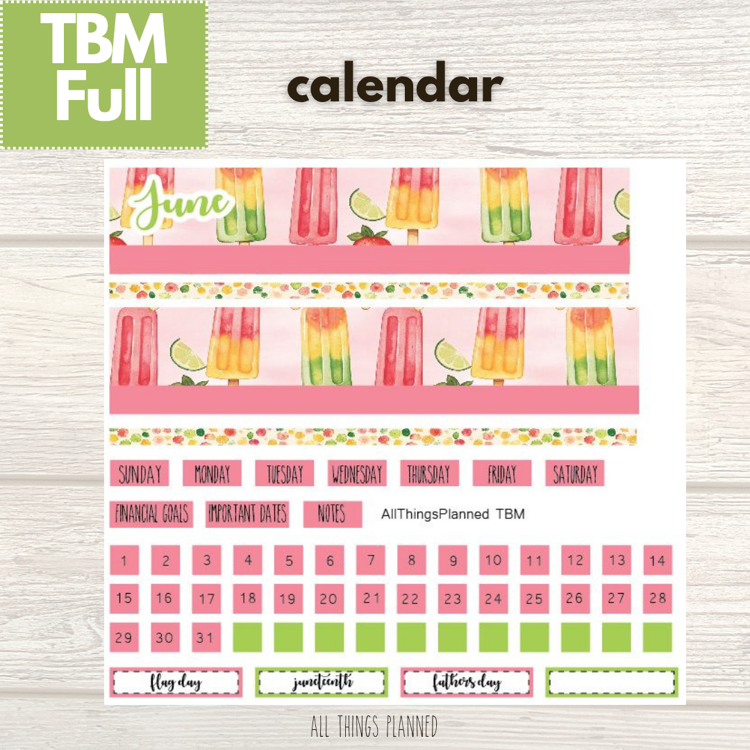 Full June (Popsicles) Monthly Calendar