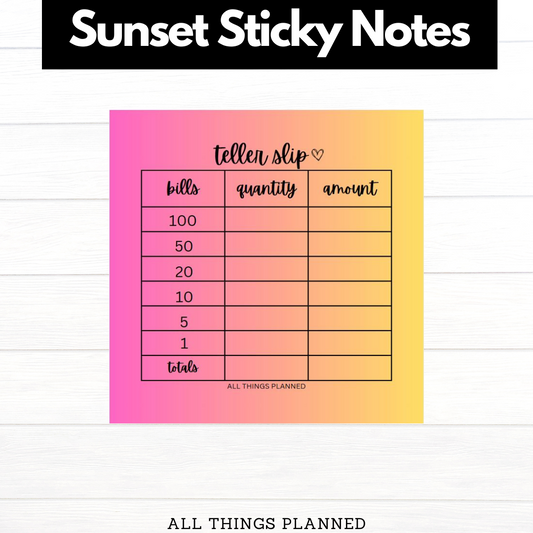Pink Ombre' Cash Breakdown Sticky Notes | Teller Slips