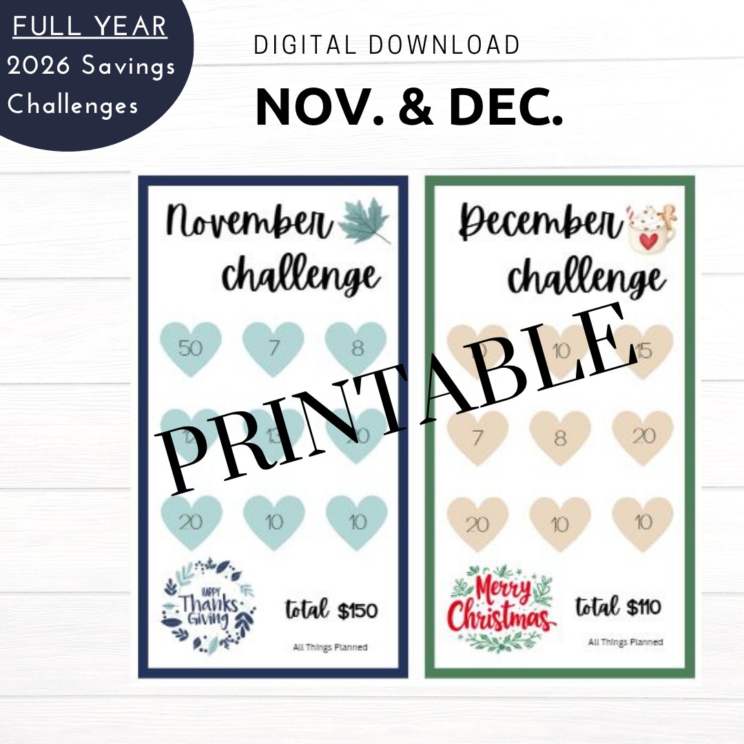 2026 FULL YEAR Printable Download - Savings Challenge Cards