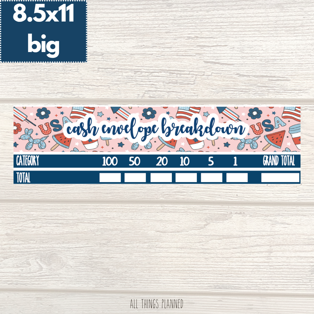 8.5x11 | Big | July (Happy 4th) Cash Envelope Breakdown
