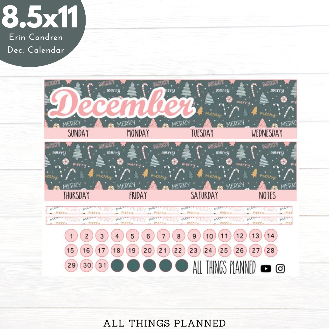 8.5x11 Dec. (Merry Christmas) Monthly Calendar