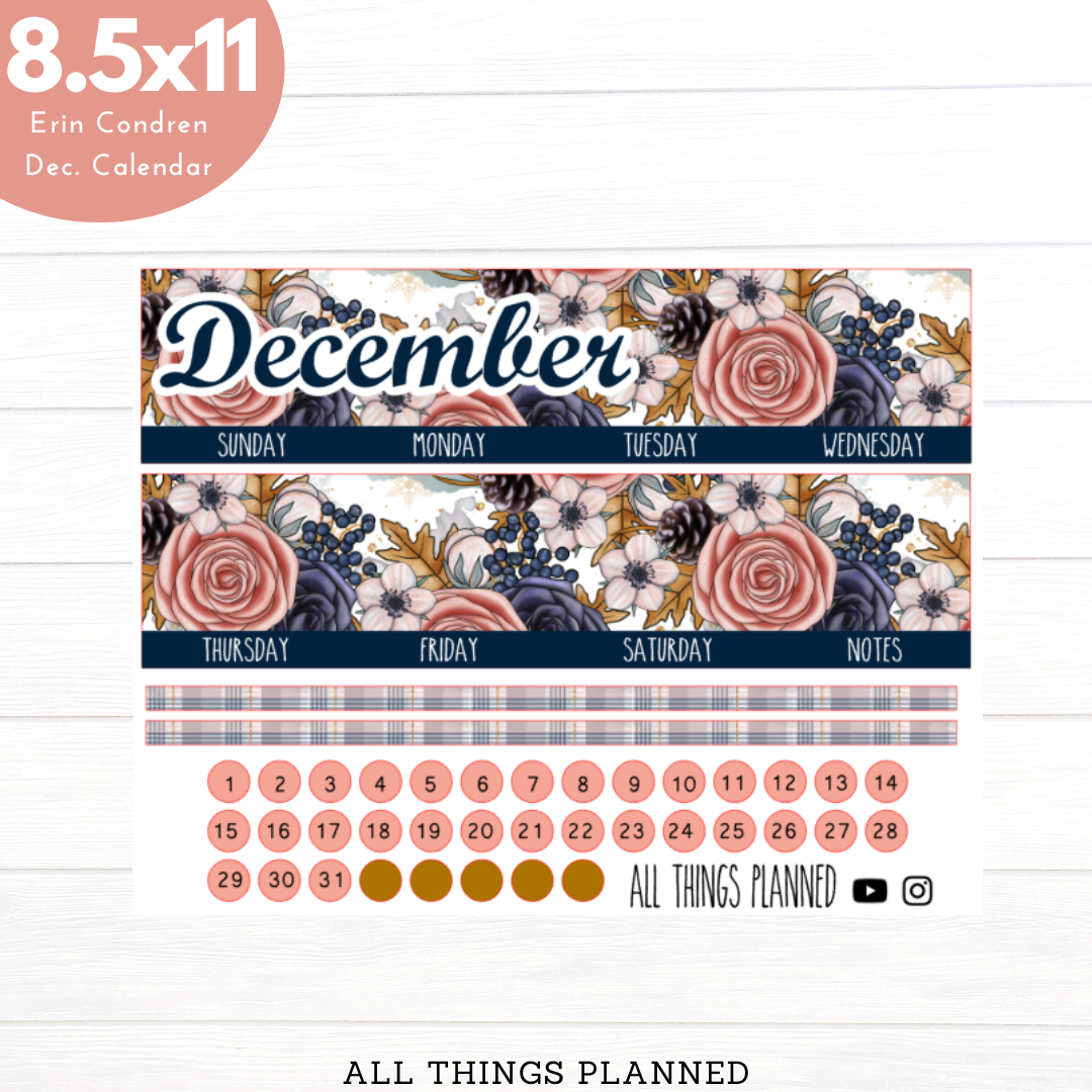 8.5x11 Dec. (Winter Roses) Monthly Calendar