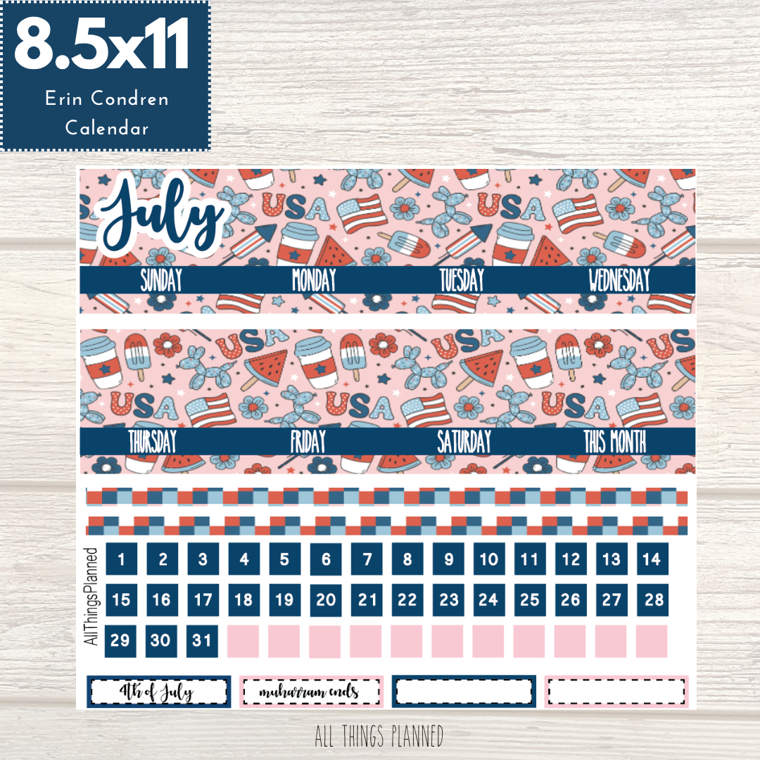 8.5x11 July (Happy 4th) Monthly Calendar