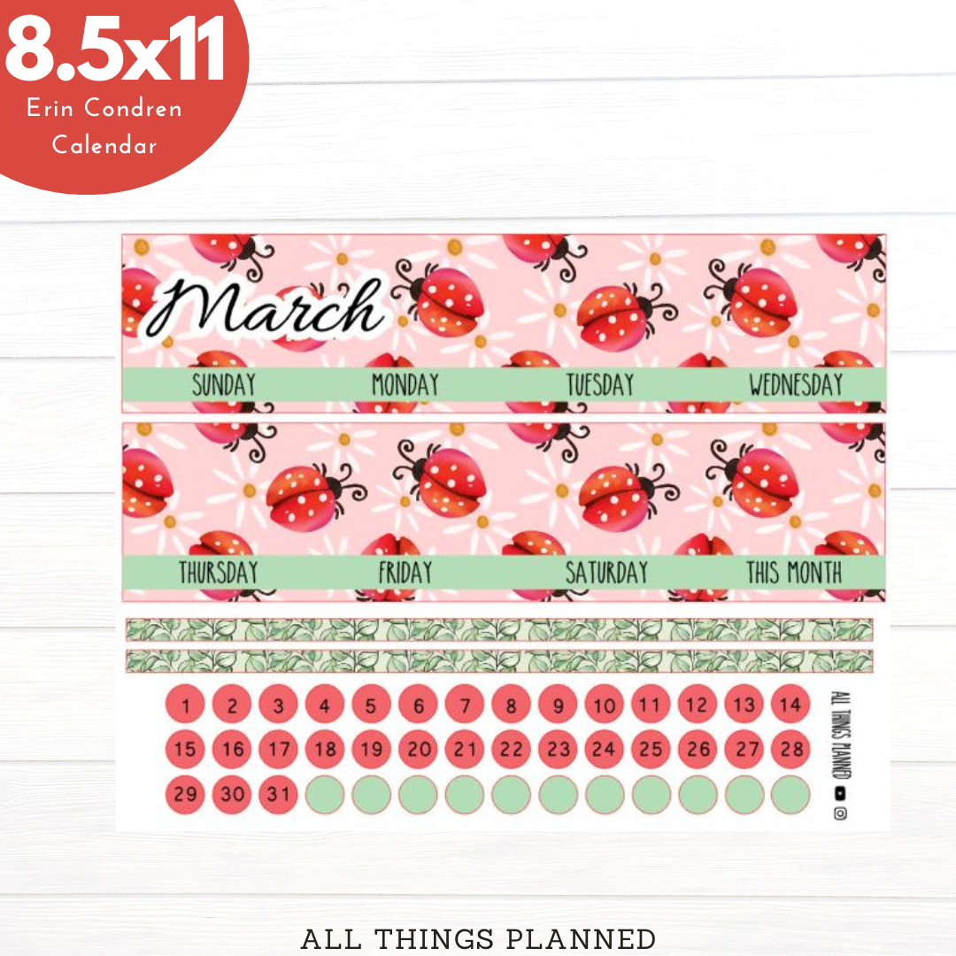 8.5x11 Mar. (Ladybugs) Monthly Calendar