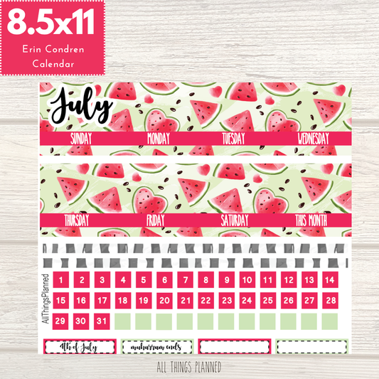 8.5x11 July (Watermelon) Monthly Calendar