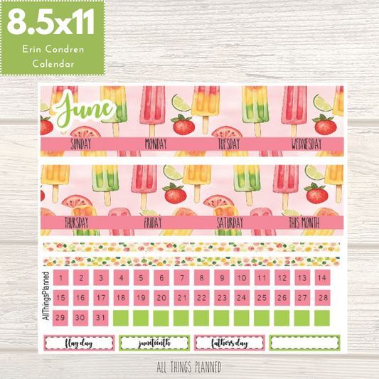 8.5x11 June (Popsicles) Monthly Calendar