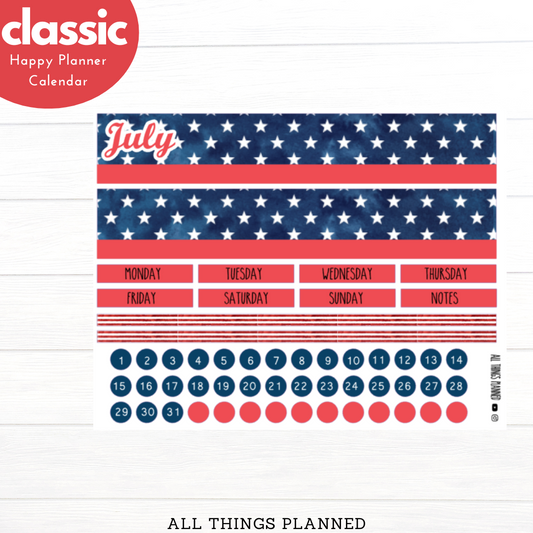 Classic July (4th) Monthly Calendar