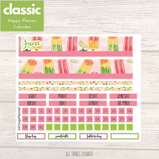 Classic June (Popsicles) Monthly Calendar