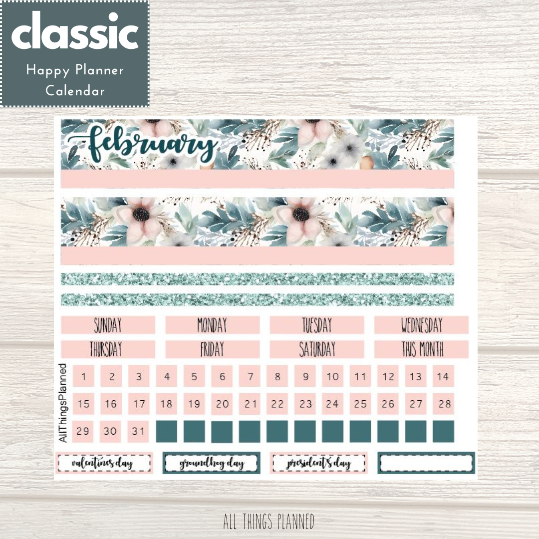 Classic Feb. (Winter Florals) Monthly Calendar