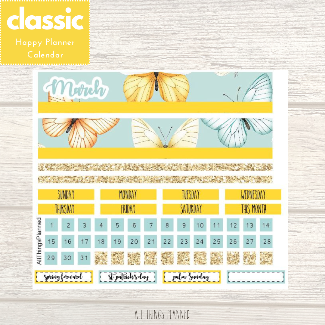 Classic Mar. (Butterflies) Monthly Calendar