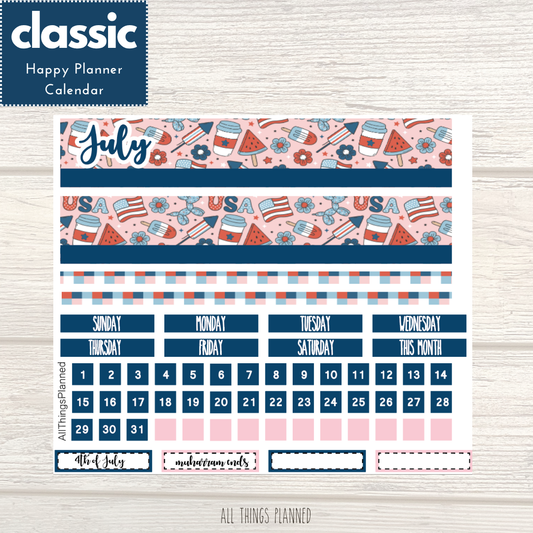 Classic July (Happy 4th) Monthly Calendar