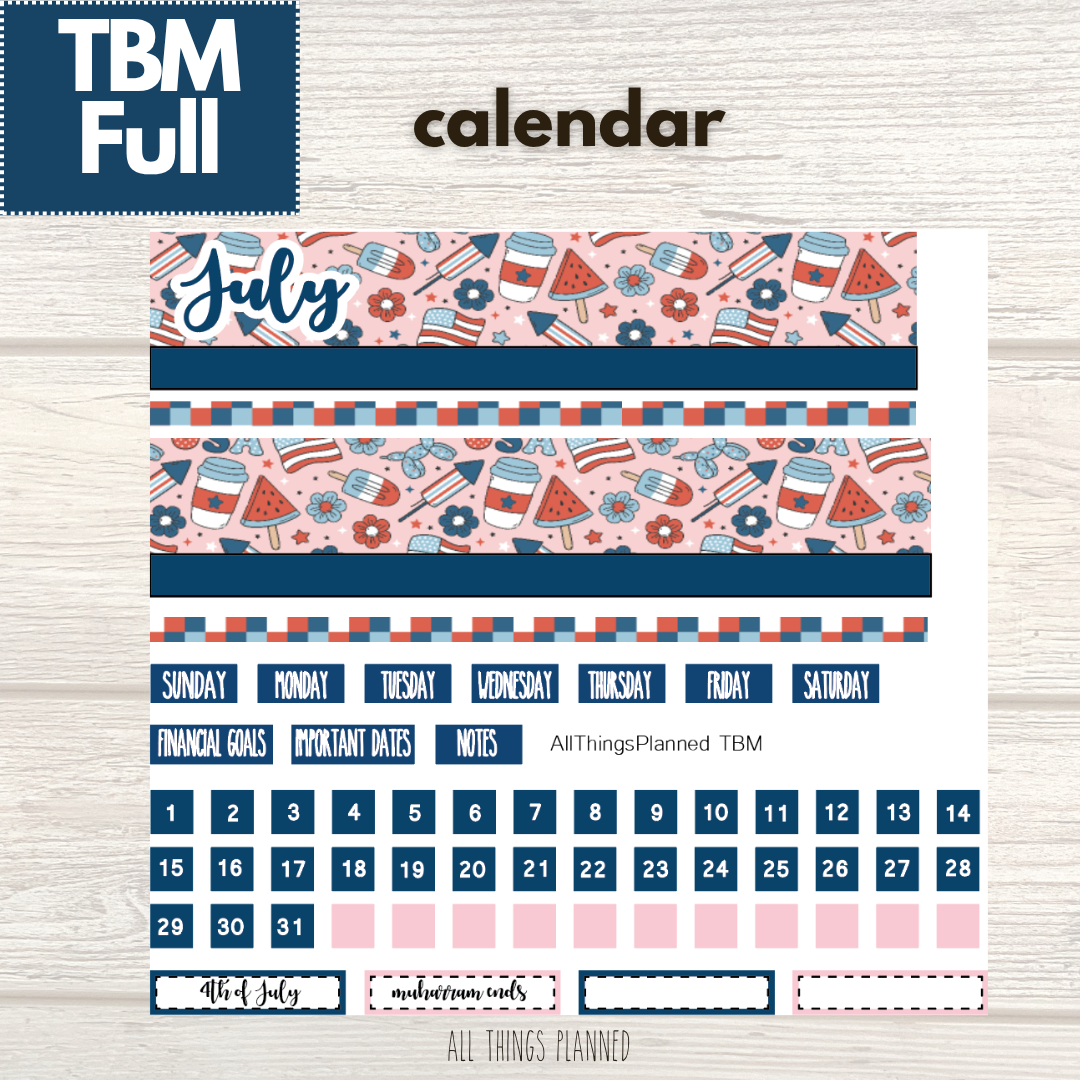 Full July (Happy 4th) Monthly Calendar