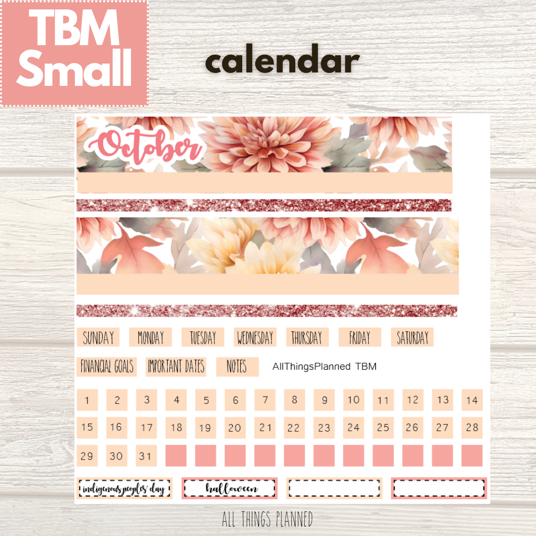 Small Oct. (Fall Florals) Monthly Calendar
