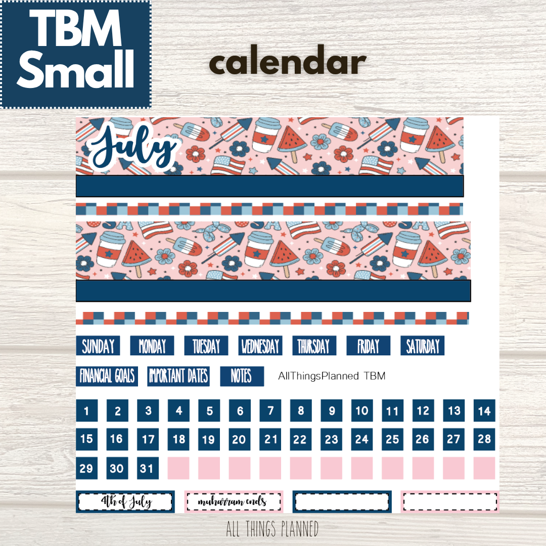 Small July (Happy 4th) Monthly Calendar