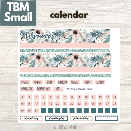 Small Feb. (Winter Florals) Monthly Calendar