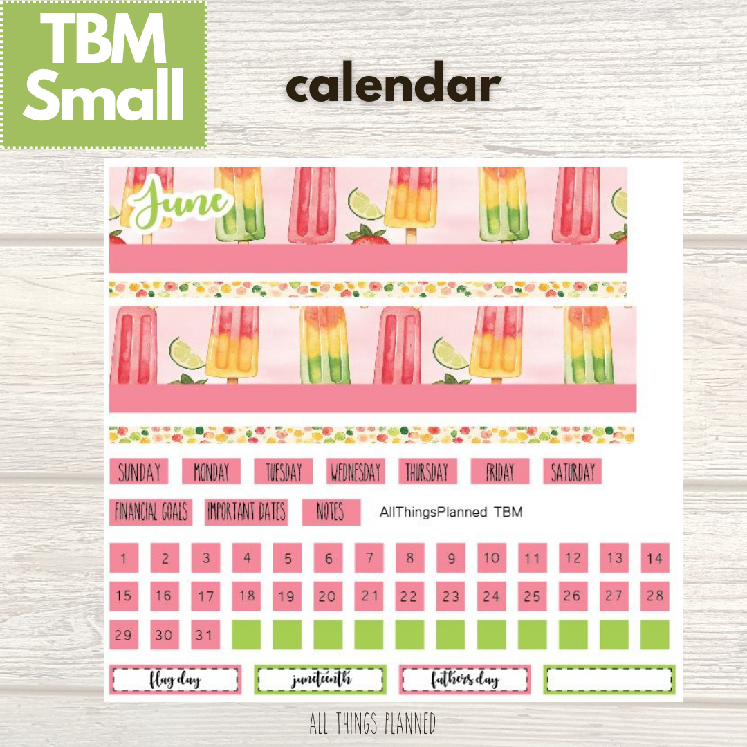 Small June (Popsicles) Monthly Calendar