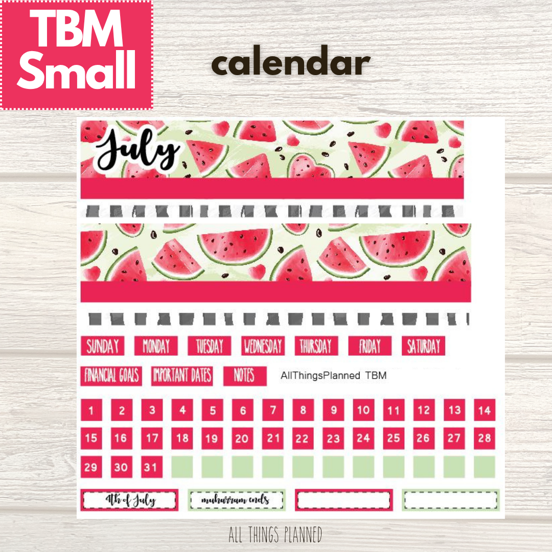 Small July (Watermelon) Monthly Calendar