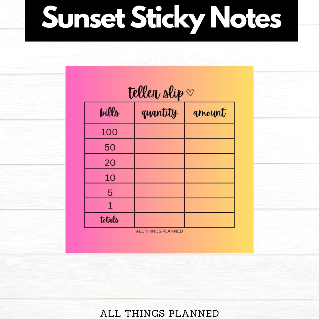 Pink Ombre' Cash Breakdown Sticky Notes | Teller Slips – All Things Planned