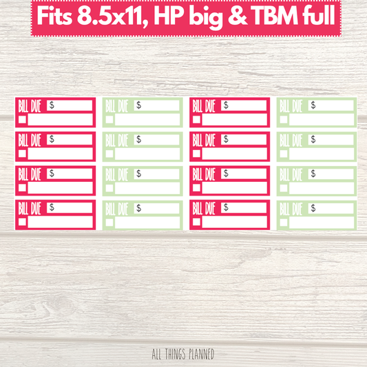 8.5x11 | Big | TBM FULL | July (Watermelon) Bill Due Stickers