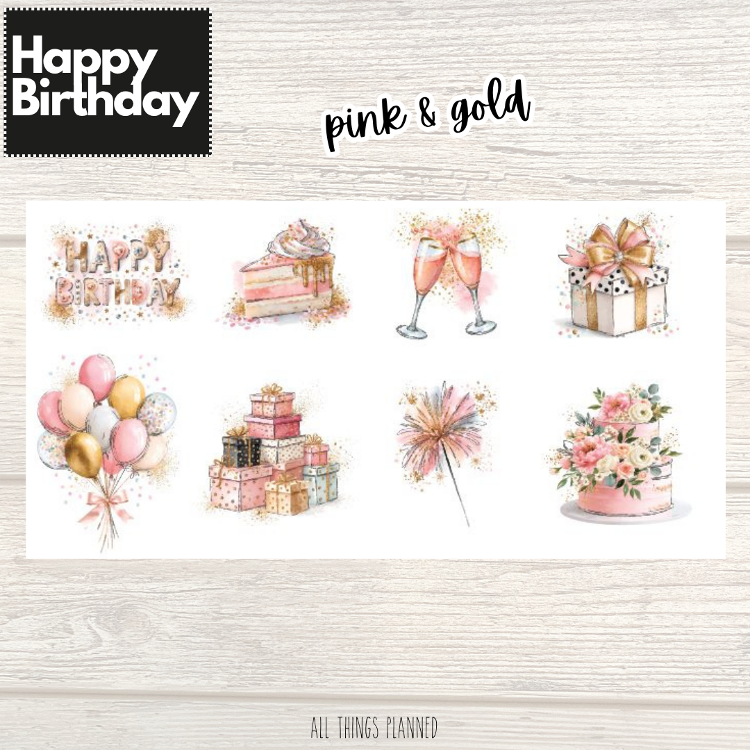 Happy Birthday Stickers | Pink & Gold