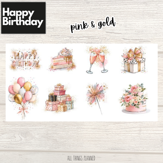 Happy Birthday Stickers | Pink & Gold