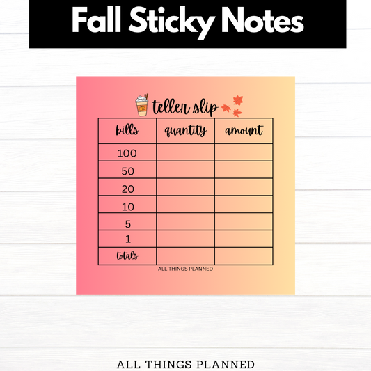 Fall Cash Breakdown Sticky Notes | Teller Slips
