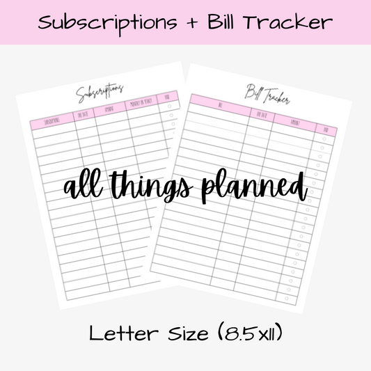Subscriptions + Bill Tracker Budget Worksheets