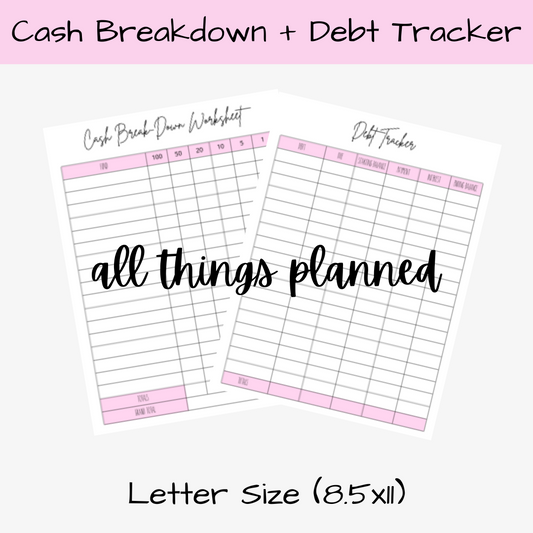 Cash Breakdown + Debt Tracker Budget Worksheets